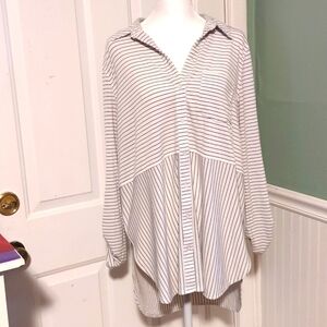 Apt 9 Long Sleeve Collared Tunic Shirt White Navy Stripes Large